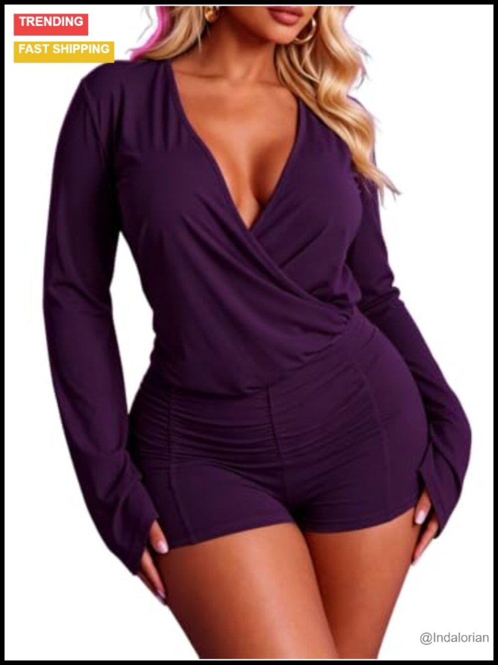 Sexy V Neck Ruched Bell Sleeve Short Jumpsuit Clubwear